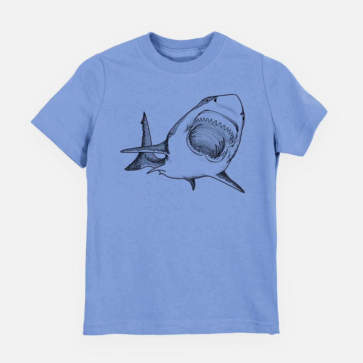 Carolina blue youth t-shirt laid flat, printed with a black ink illustration of a great white shark swimming toward the viewer with its mouth open.