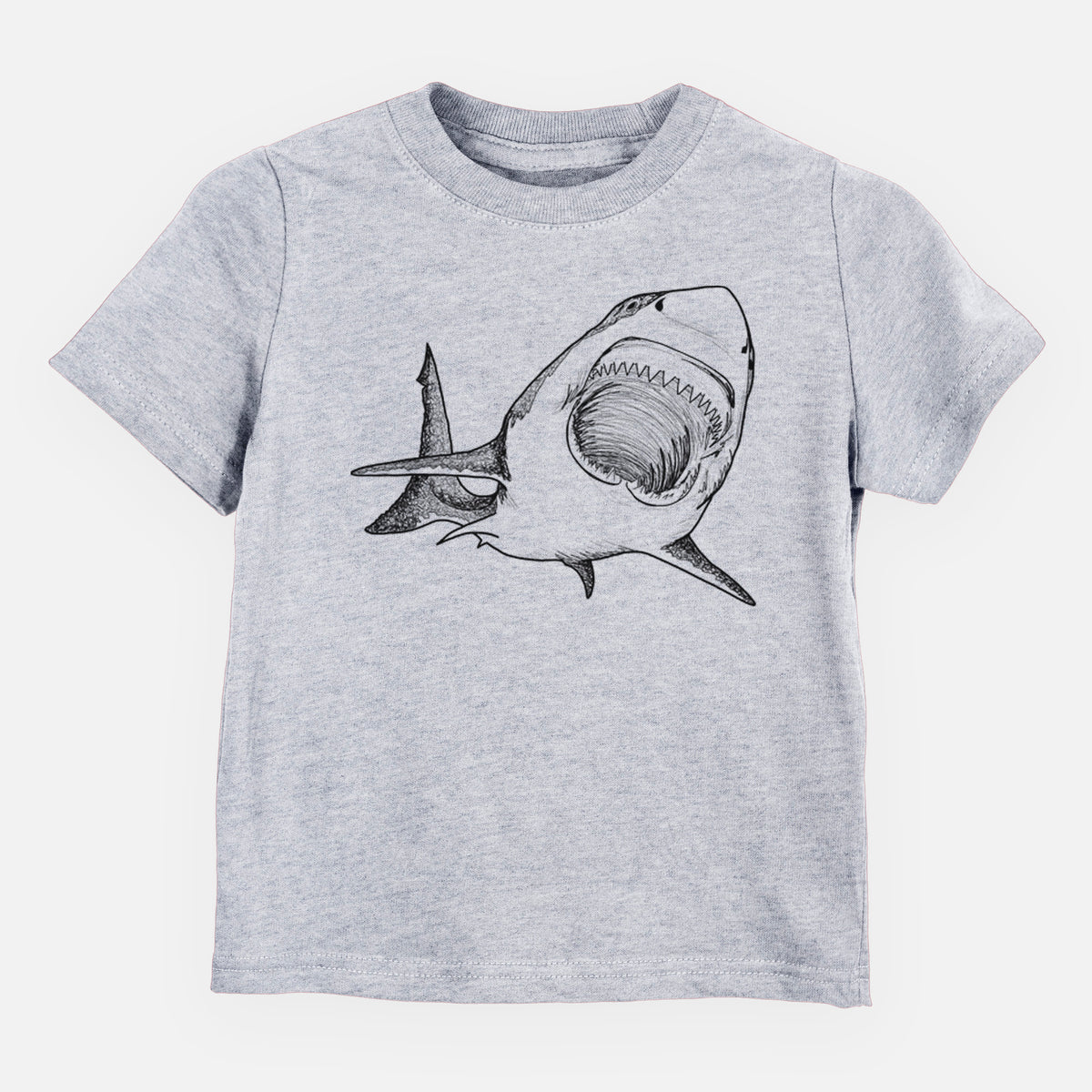 Heather grey toddler t-shirt laid flat, printed with a black ink illustration of a great white shark swimming toward the viewer with its mouth open.