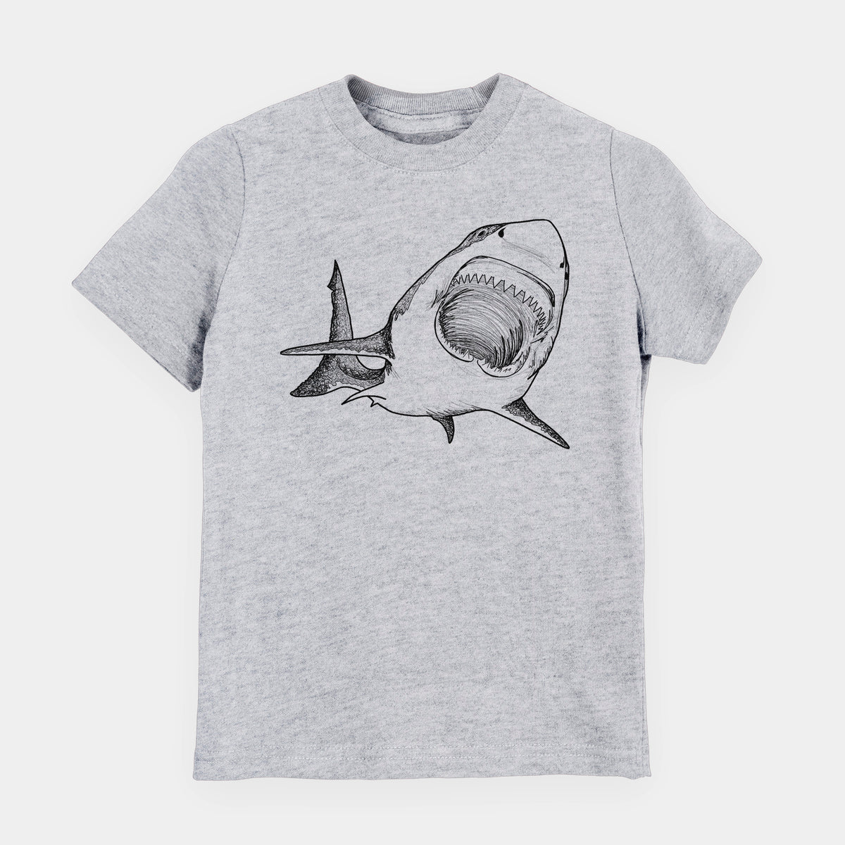 Heather grey youth t-shirt laid flat, printed with a black ink illustration of a great white shark swimming toward the viewer with its mouth open.