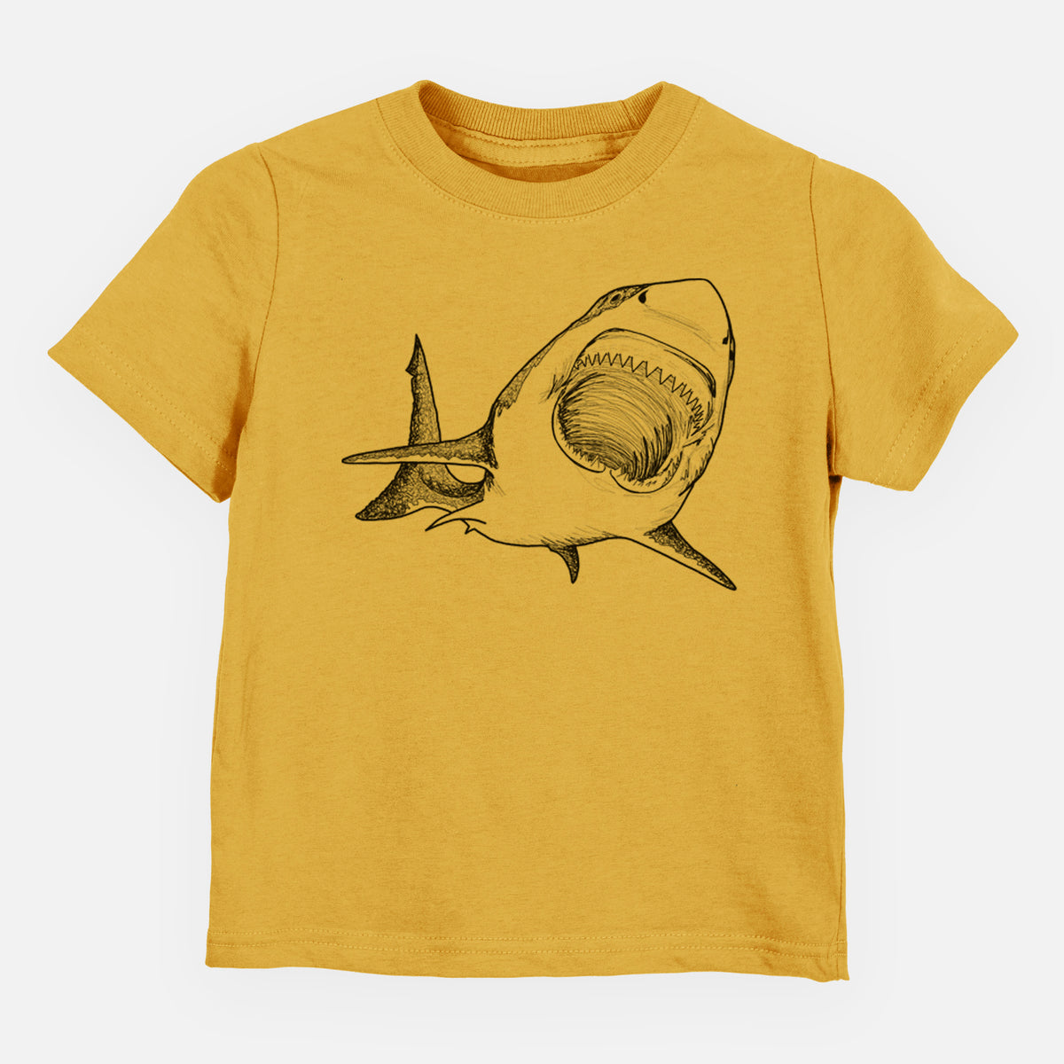 Honeycomb yellow toddler t-shirt laid flat, printed with a black ink illustration of a great white shark swimming toward the viewer with its mouth open.