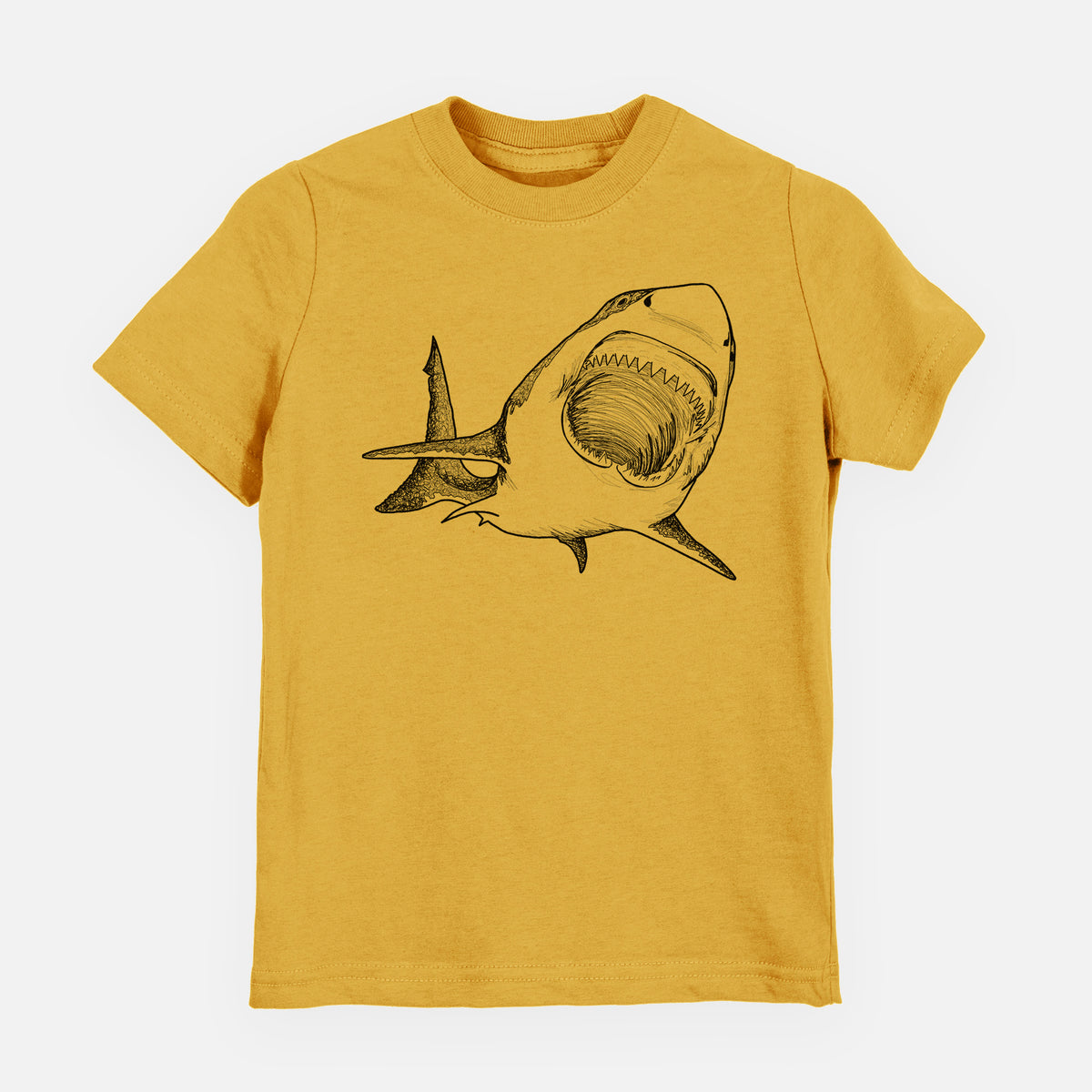 Honeycomb yellow youth t-shirt laid flat, printed with a black ink illustration of a great white shark swimming toward the viewer with its mouth open.