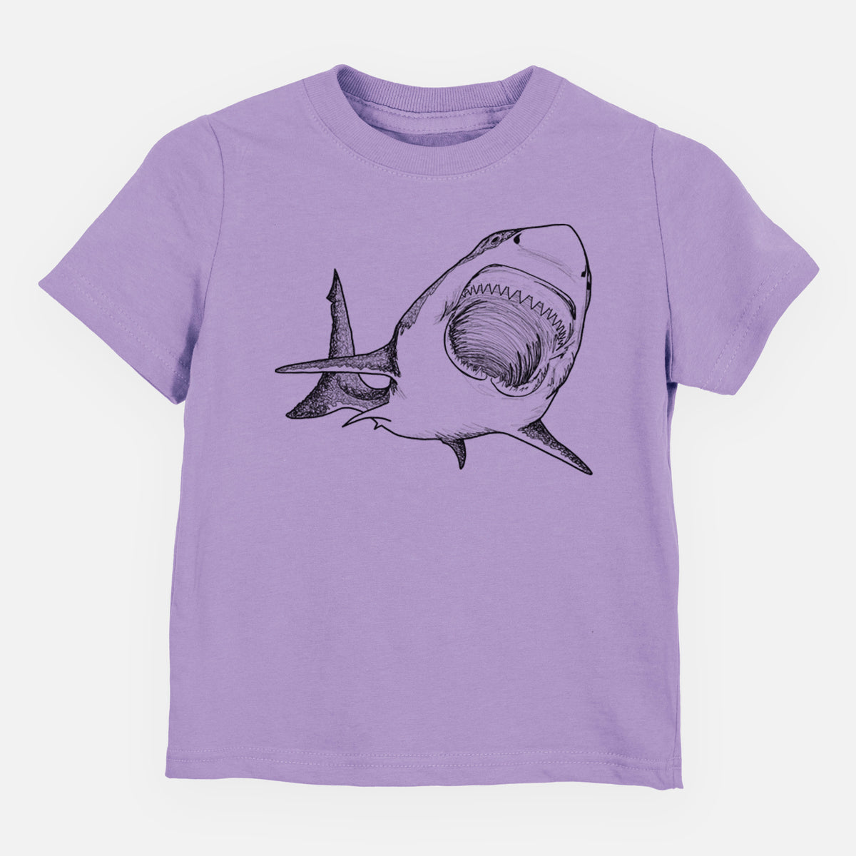 Lavender toddler t-shirt laid flat, printed with a black ink illustration of a great white shark swimming toward the viewer with its mouth open.
