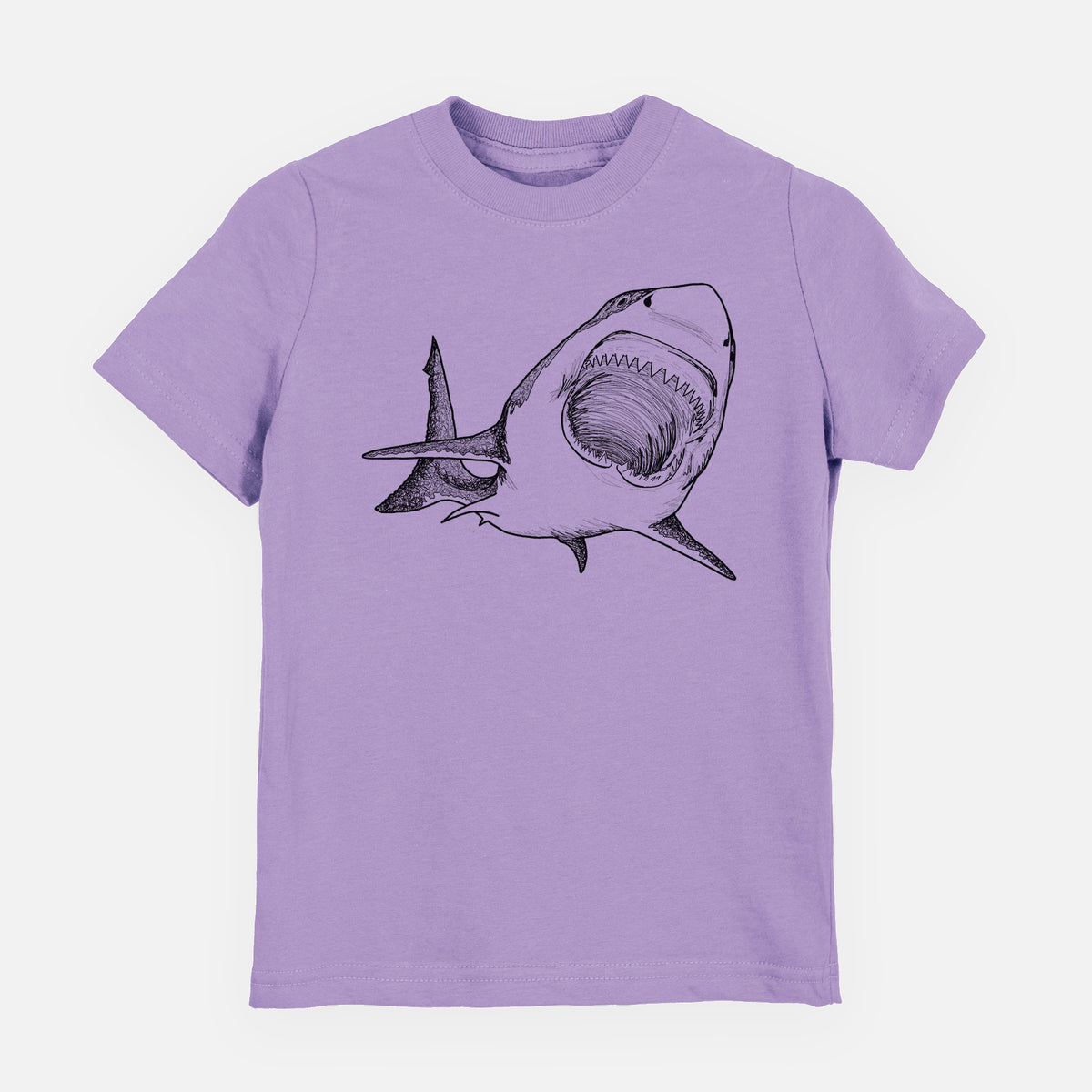 Lavender youth t-shirt laid flat, printed with a black ink illustration of a great white shark swimming toward the viewer with its mouth open.