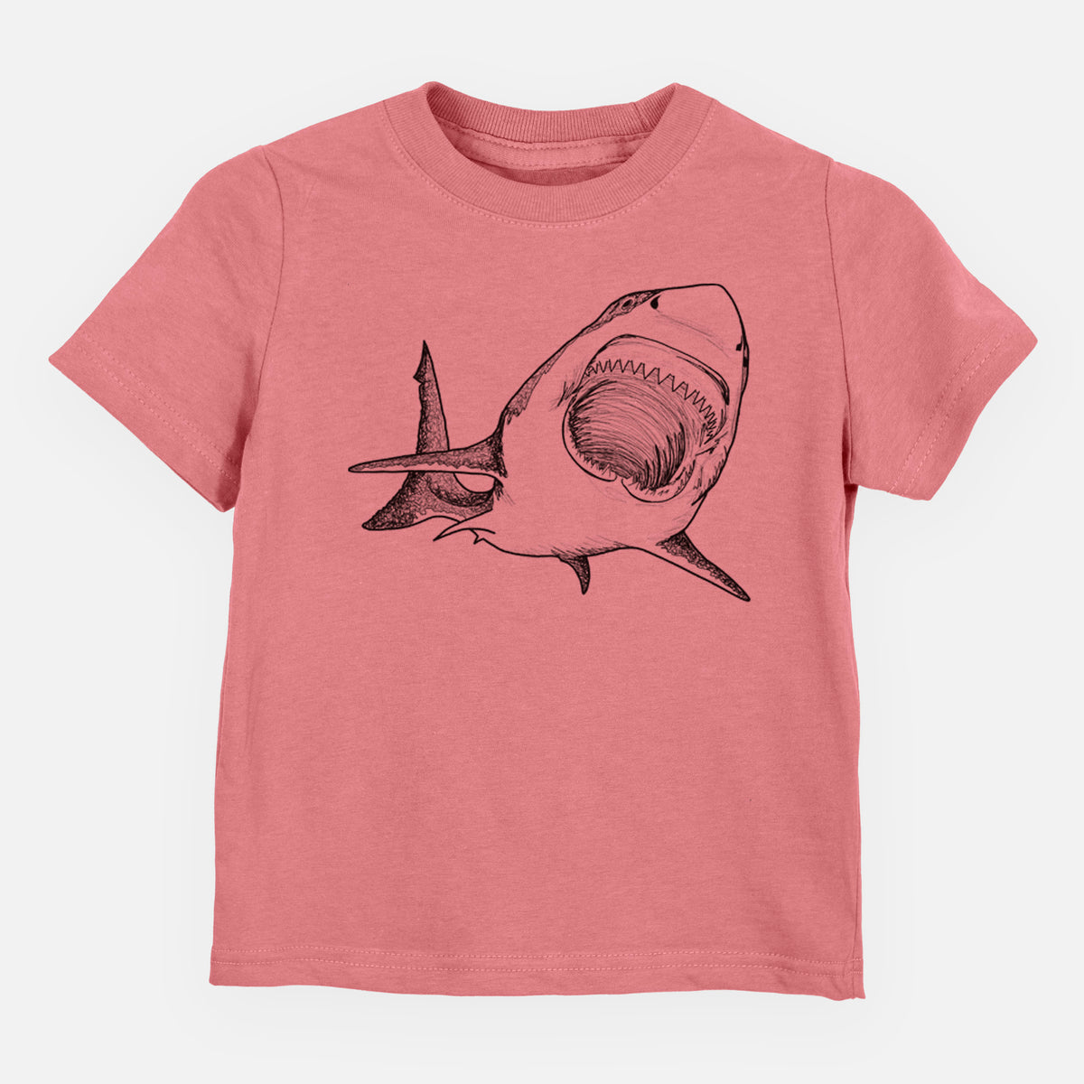 Mauve pink toddler t-shirt laid flat, printed with a black ink illustration of a great white shark swimming toward the viewer with its mouth open.