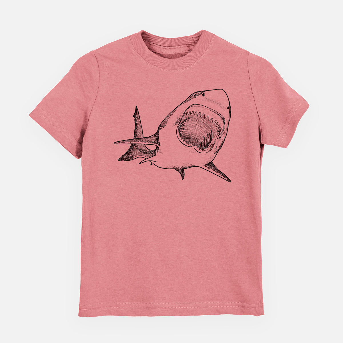 Mauve pink youth t-shirt laid flat, printed with a black ink illustration of a great white shark swimming toward the viewer with its mouth open.
