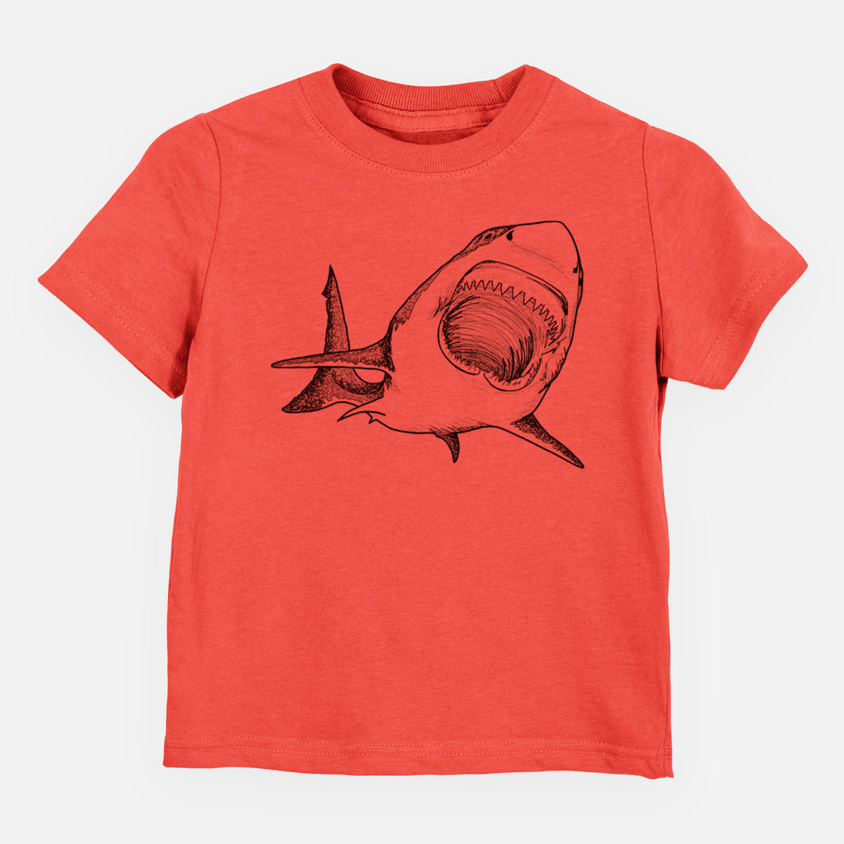 Passionfruit pink toddler t-shirt laid flat, printed with a black ink illustration of a great white shark swimming toward the viewer with its mouth open.