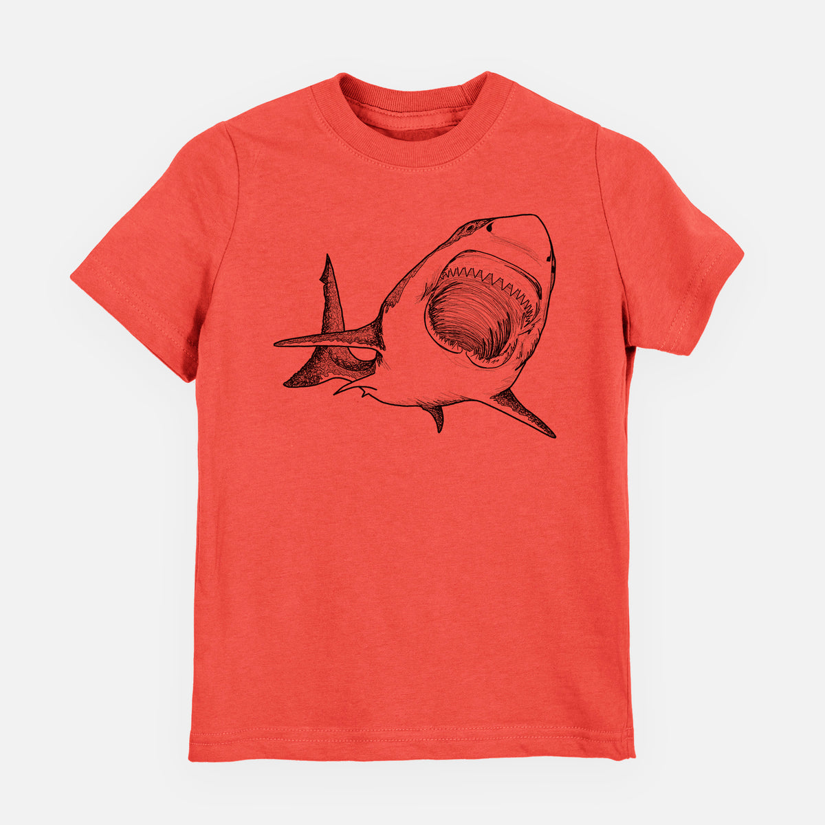 Passionfruit pink youth t-shirt laid flat, printed with a black ink illustration of a great white shark swimming toward the viewer with its mouth open.