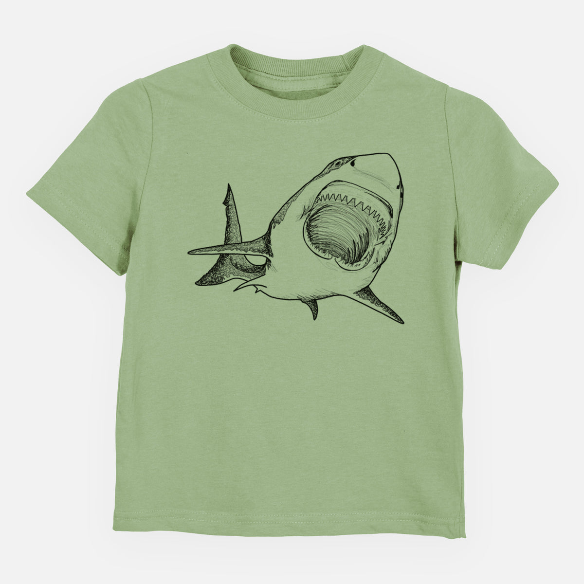 Sage green toddler t-shirt laid flat, printed with a black ink illustration of a great white shark swimming toward the viewer with its mouth open.