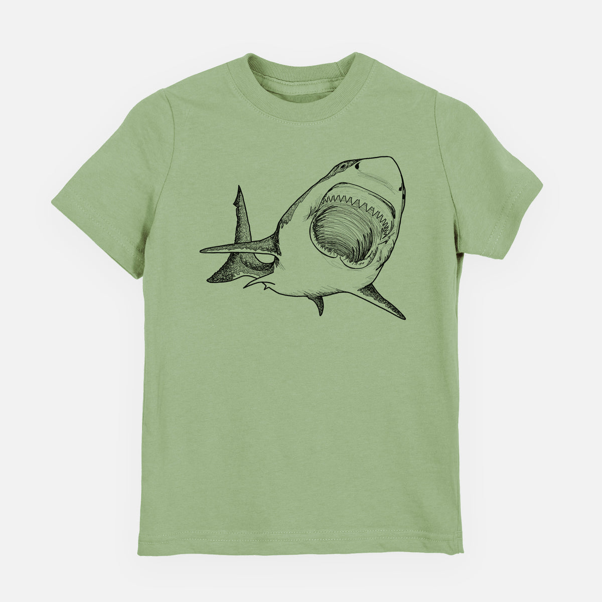 Sage green youth t-shirt laid flat, printed with a black ink illustration of a great white shark swimming toward the viewer with its mouth open.