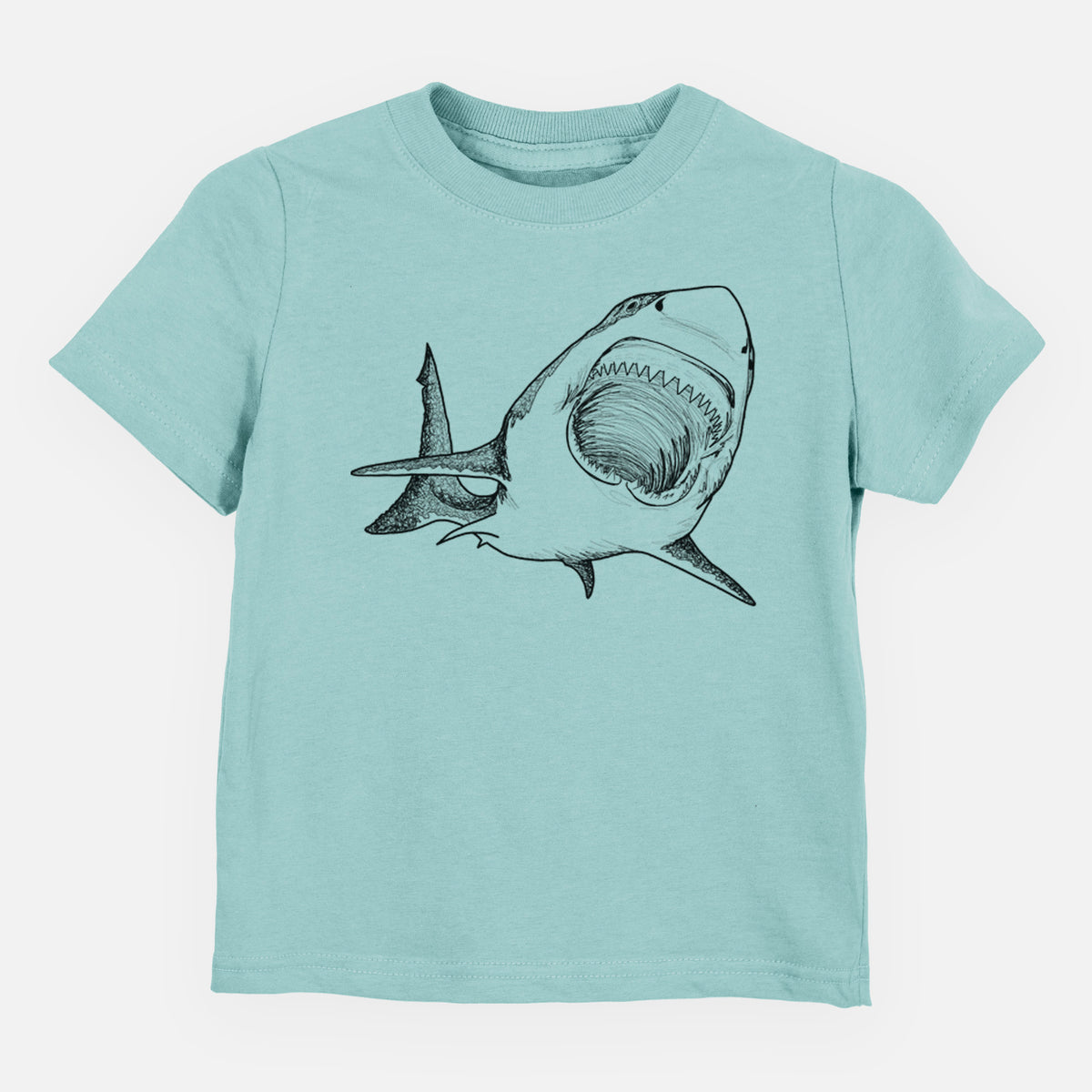 Saltwater toddler t-shirt laid flat, printed with a black ink illustration of a great white shark swimming toward the viewer with its mouth open.