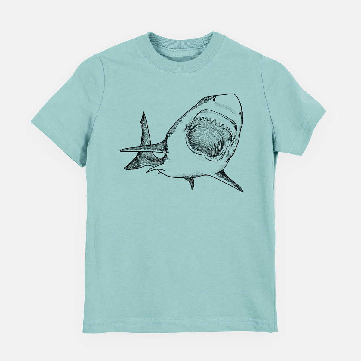 Saltwater youth t-shirt laid flat, printed with a black ink illustration of a great white shark swimming toward the viewer with its mouth open.