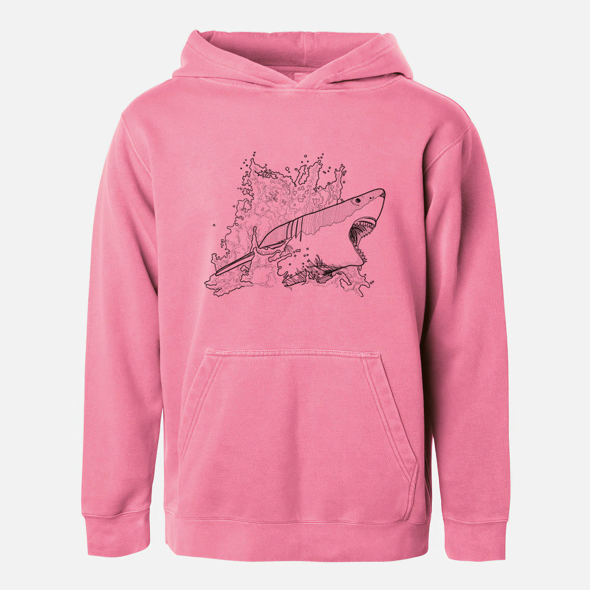 Pigment pink youth pigment dyed hoodie laid flat, printed with a black ink illustration of a great white shark breaking through a splash of water.