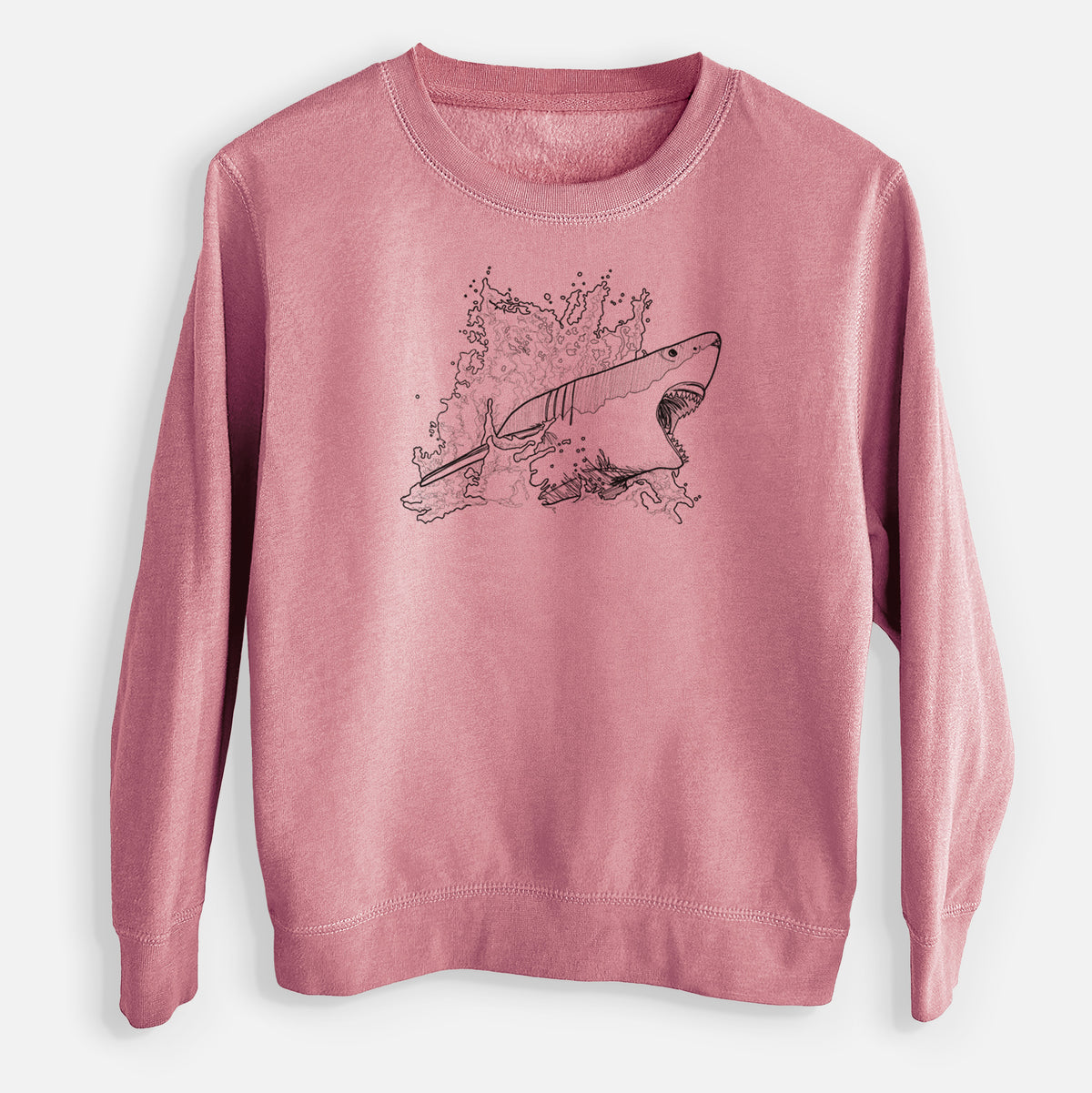 Mauve pink youth crewneck sweatshirt laid flat, printed with a black ink illustration of a great white shark breaking through a splash of water.