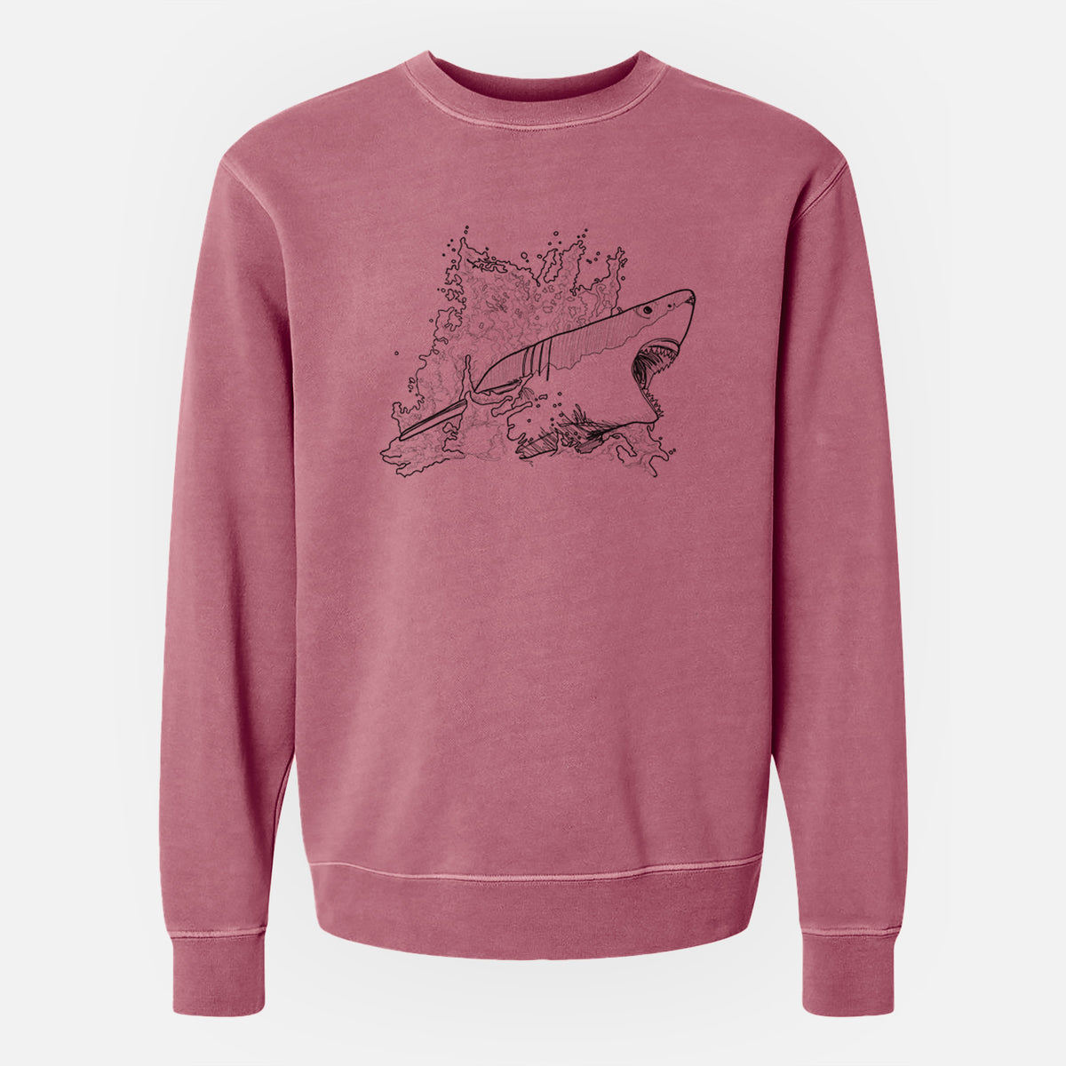 Maroon pigment dyed crewneck sweatshirt laid flat, printed with a black ink illustration of a great white shark breaking through a splash of water.