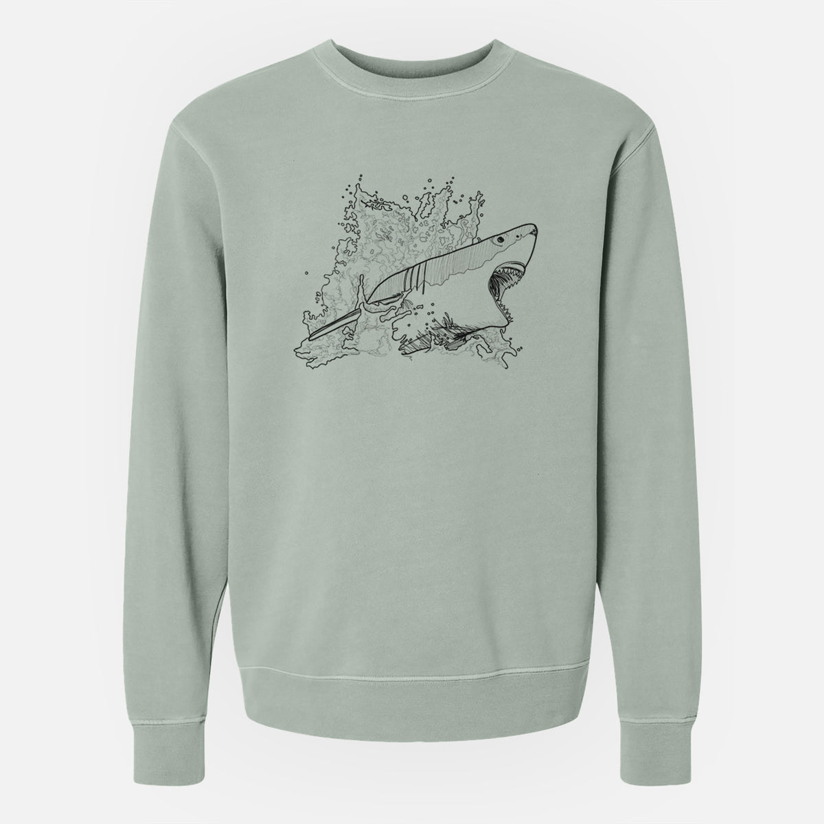 Sage green pigment dyed crewneck sweatshirt laid flat, printed with a black ink illustration of a great white shark breaking through a splash of water.