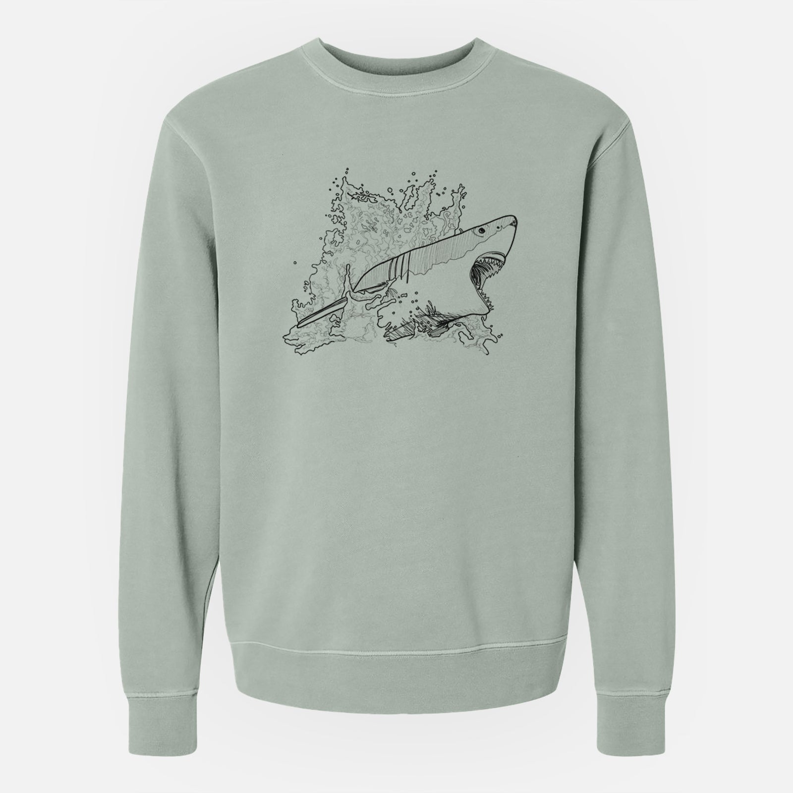 Sage green pigment dyed crewneck sweatshirt laid flat, printed with a black ink illustration of a great white shark breaking through a splash of water.