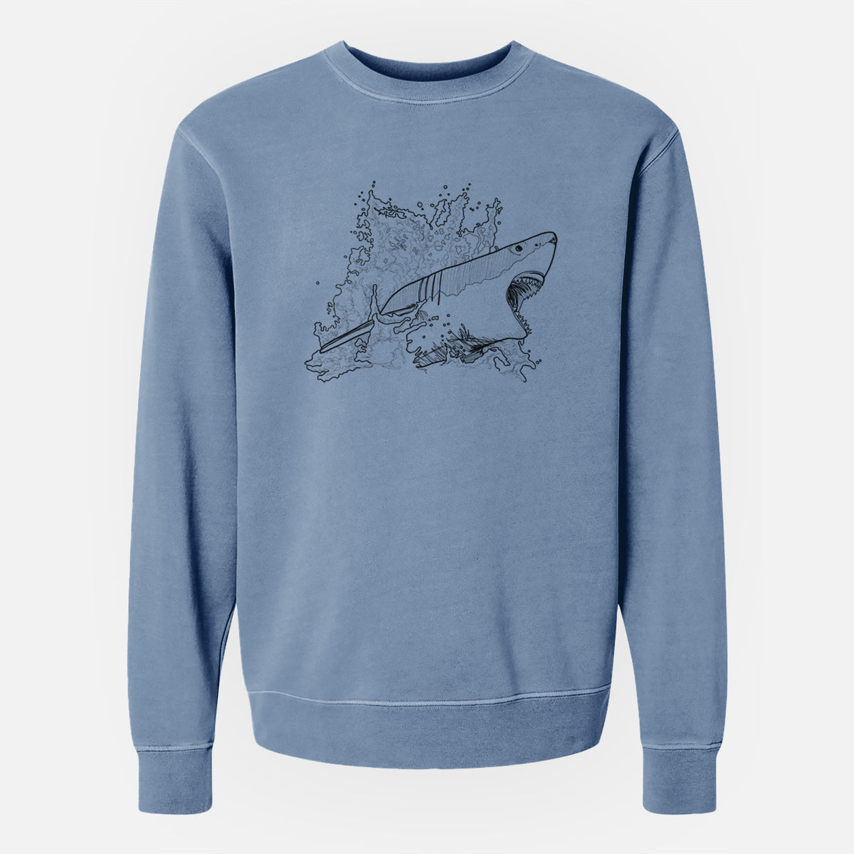 Slate blue pigment dyed crewneck sweatshirt laid flat, printed with a black ink illustration of a great white shark breaking through a splash of water.