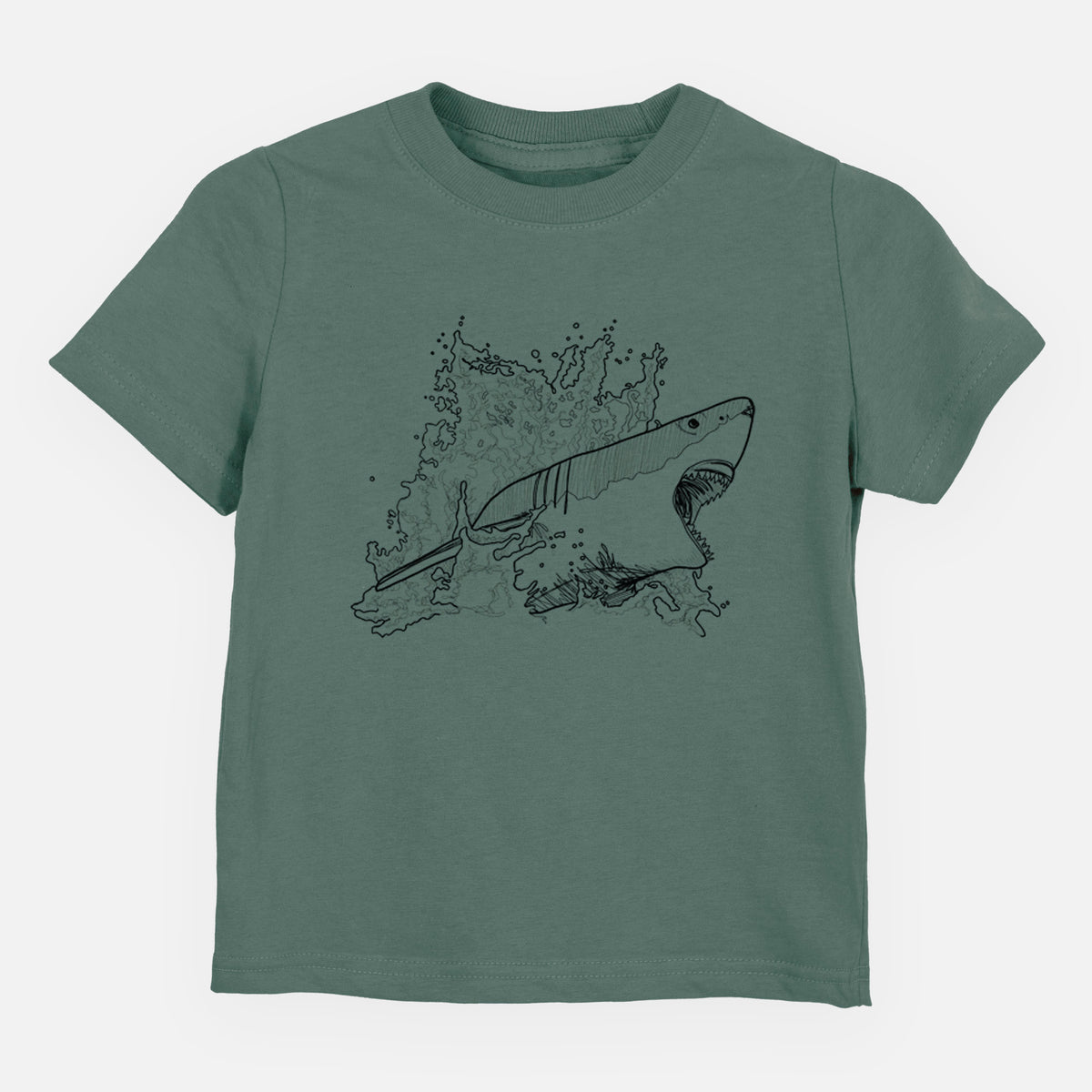 Basil green toddler t-shirt laid flat, printed with a black ink illustration of a great white shark breaking through a splash of water.