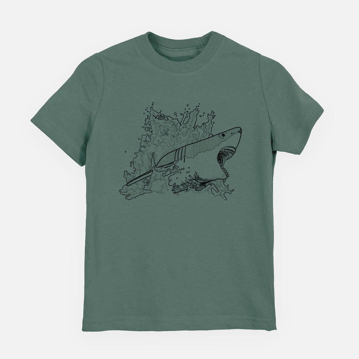 Basil green youth t-shirt laid flat, printed with a black ink illustration of a great white shark breaking through a splash of water.