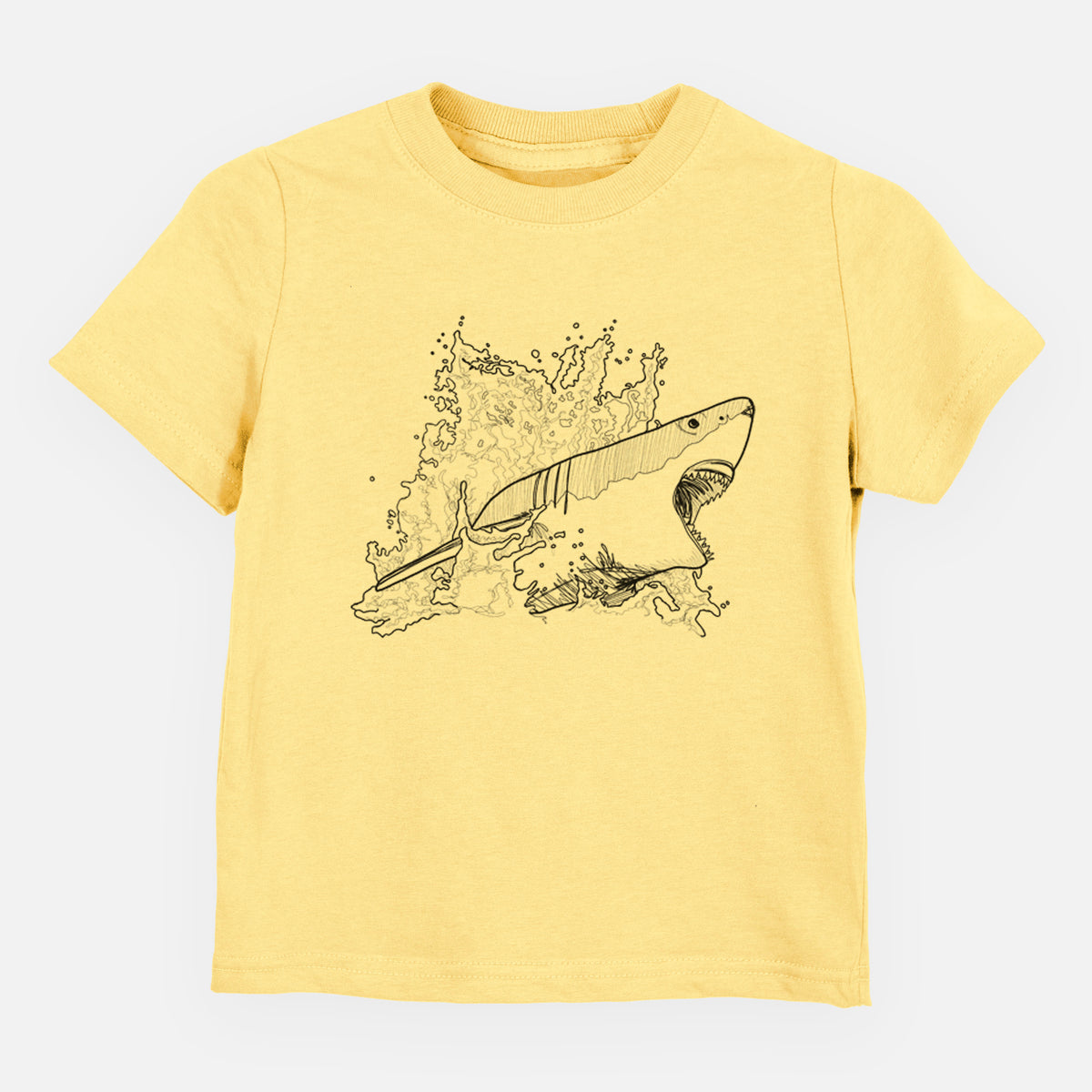 Butter yellow toddler t-shirt laid flat, printed with a black ink illustration of a great white shark breaking through a splash of water.