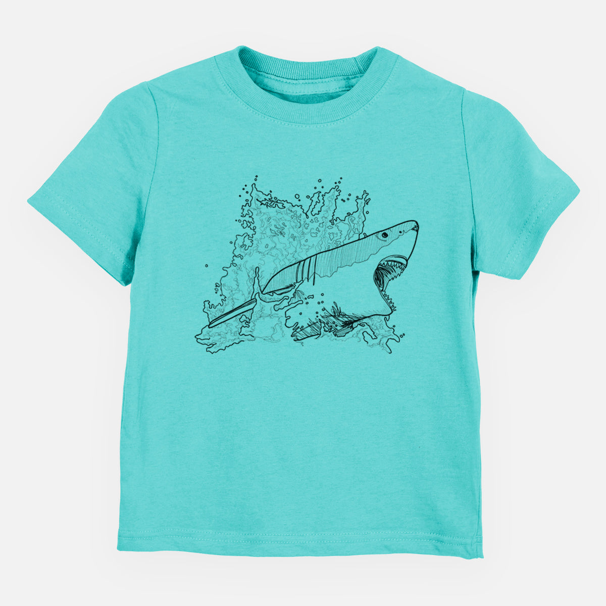 Caribbean blue toddler t-shirt laid flat, printed with a black ink illustration of a great white shark breaking through a splash of water.