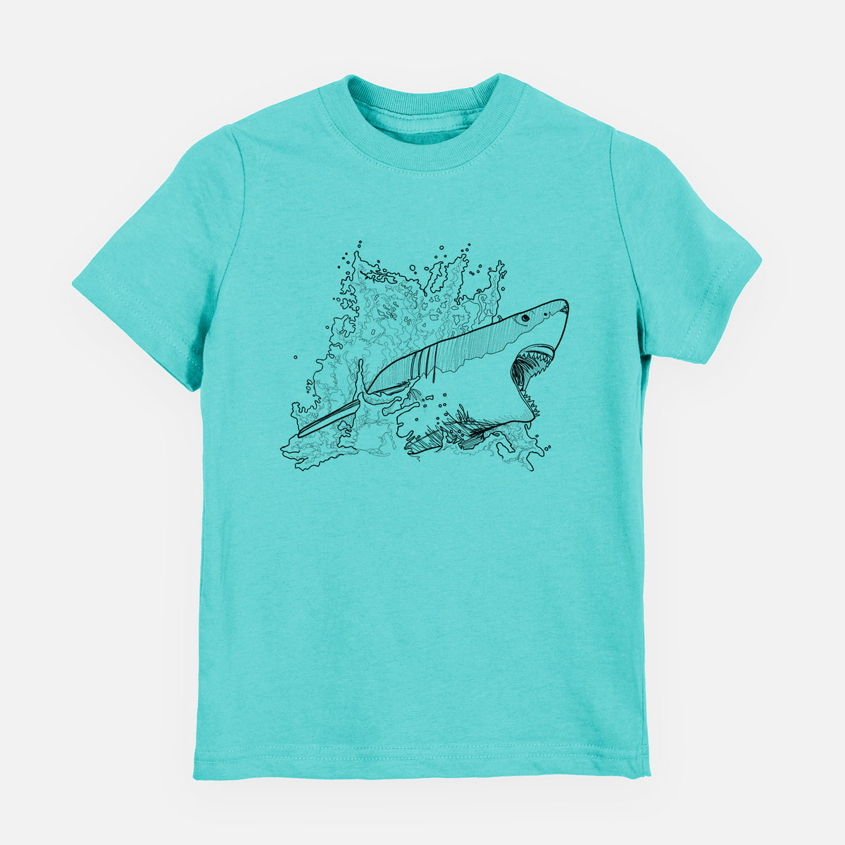 Caribbean blue youth t-shirt laid flat, printed with a black ink illustration of a great white shark breaking through a splash of water.