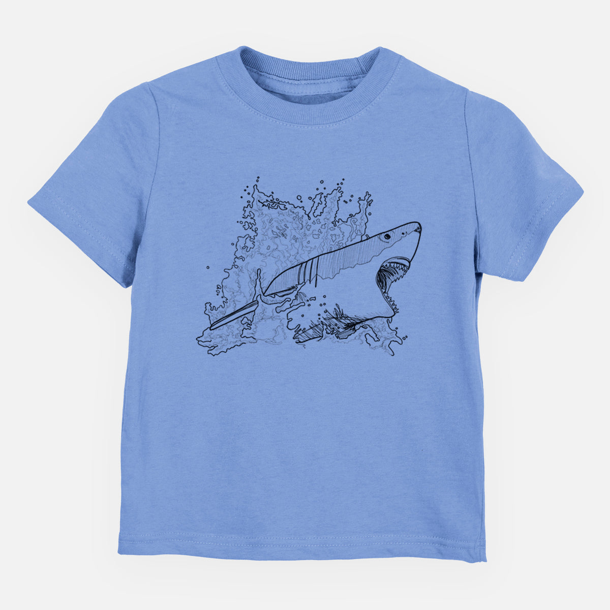 Carolina blue toddler t-shirt laid flat, printed with a black ink illustration of a great white shark breaking through a splash of water.
