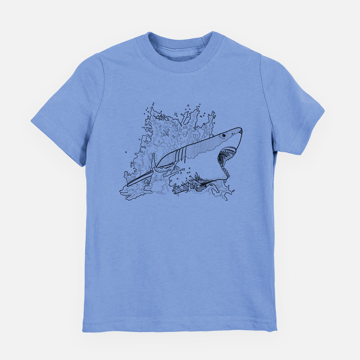 Carolina blue youth t-shirt laid flat, printed with a black ink illustration of a great white shark breaking through a splash of water.