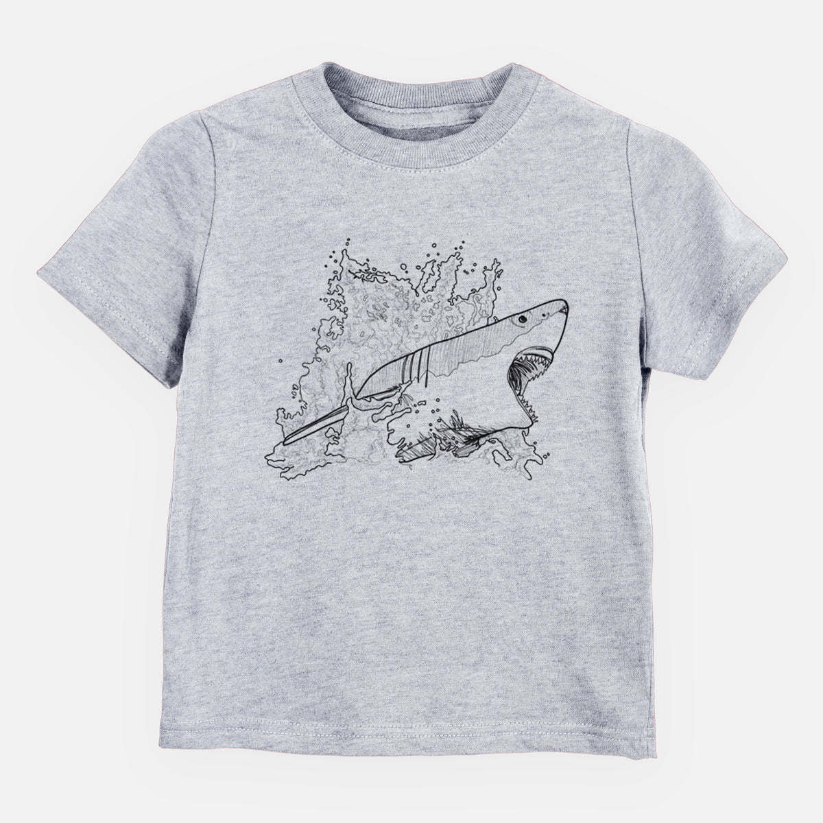 Heather grey toddler t-shirt laid flat, printed with a black ink illustration of a great white shark breaking through a splash of water.