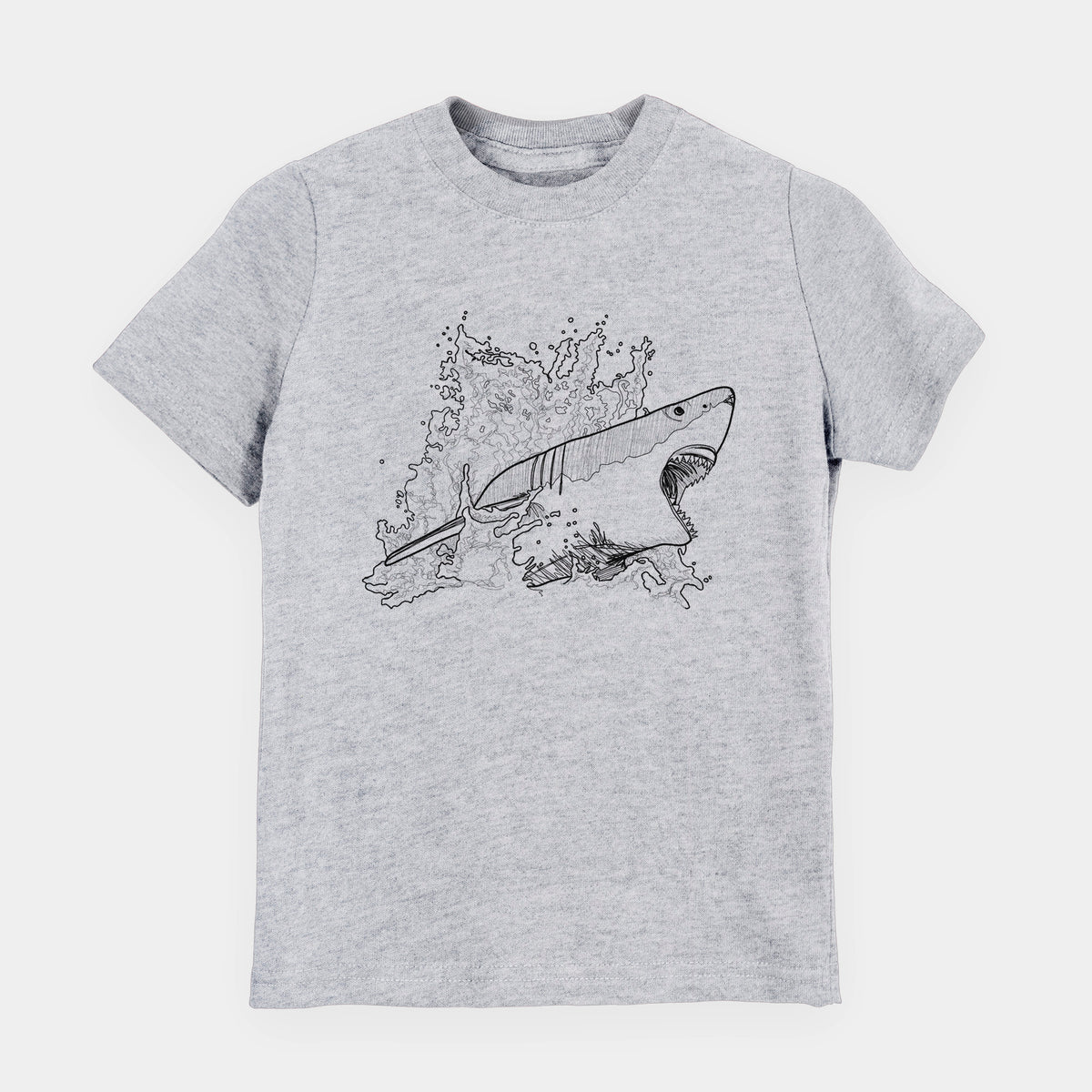 Heather grey youth t-shirt laid flat, printed with a black ink illustration of a great white shark breaking through a splash of water.