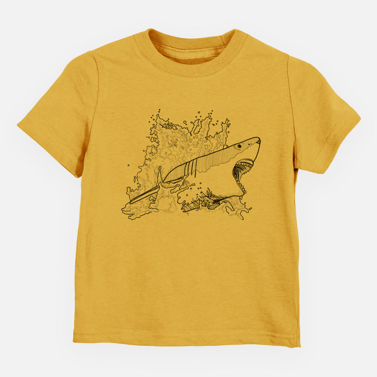 Honeycomb yellow toddler t-shirt laid flat, printed with a black ink illustration of a great white shark breaking through a splash of water.