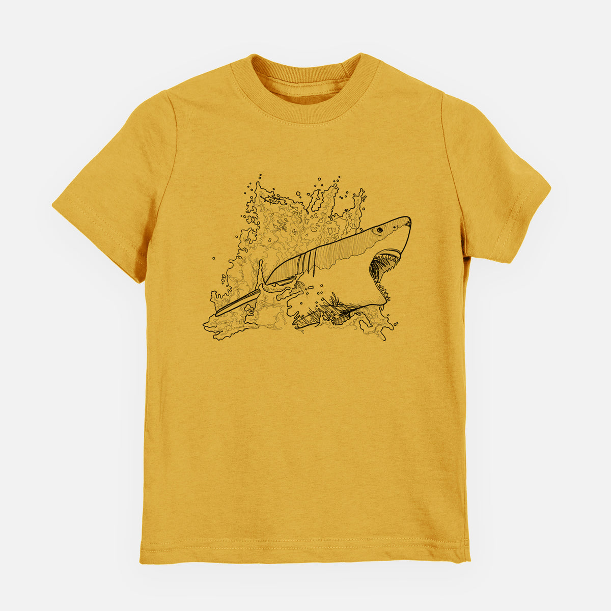 Honeycomb yellow youth t-shirt laid flat, printed with a black ink illustration of a great white shark breaking through a splash of water.
