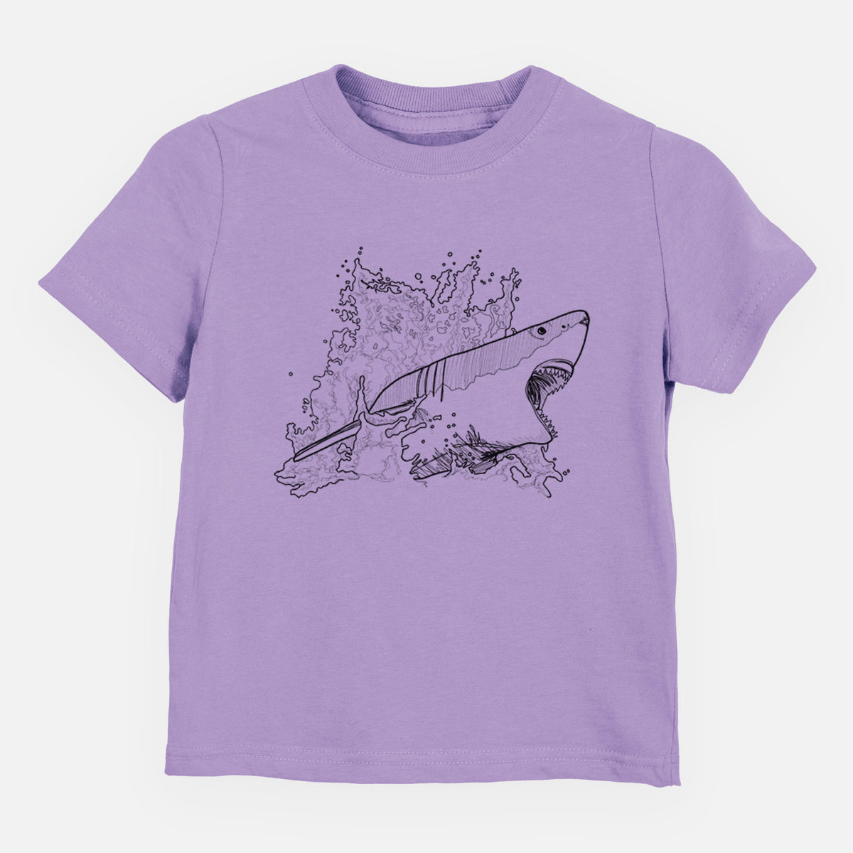 Lavender toddler t-shirt laid flat, printed with a black ink illustration of a great white shark breaking through a splash of water.