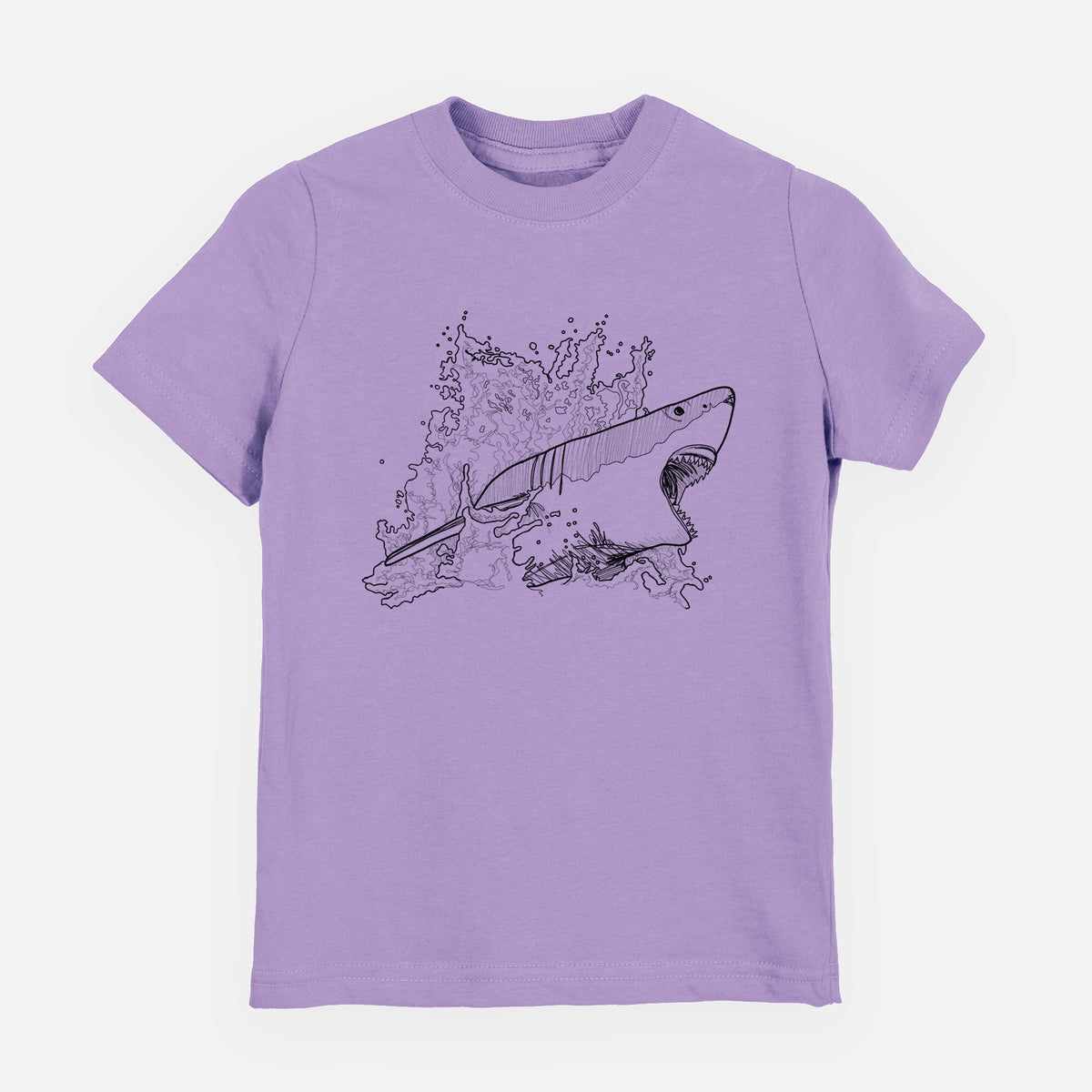 Lavender youth t-shirt laid flat, printed with a black ink illustration of a great white shark breaking through a splash of water.