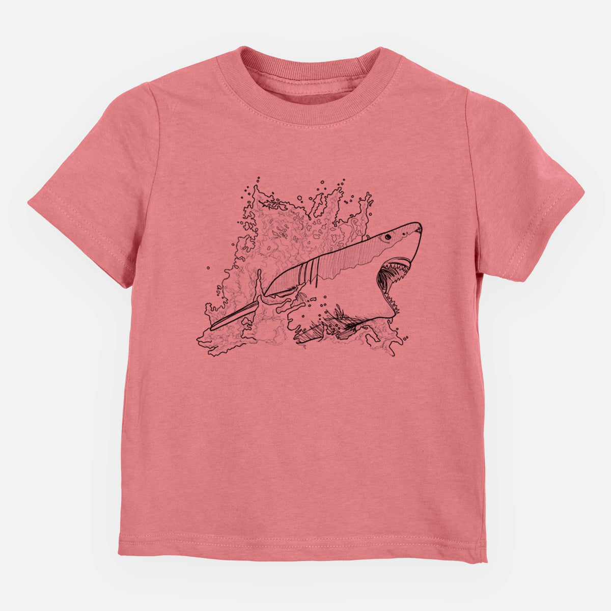 Mauve pink toddler t-shirt laid flat, printed with a black ink illustration of a great white shark breaking through a splash of water.