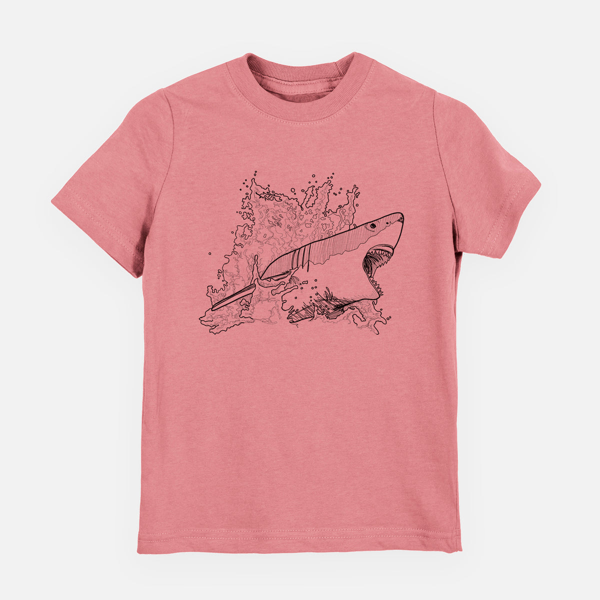 Mauve pink youth t-shirt laid flat, printed with a black ink illustration of a great white shark breaking through a splash of water.