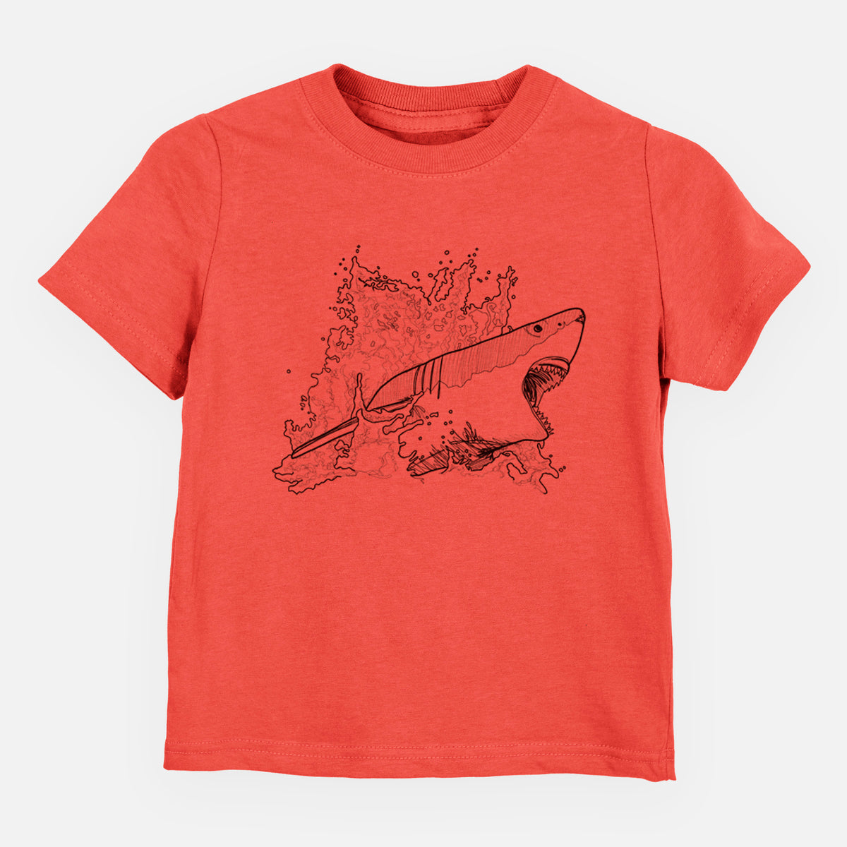 Passionfruit pink toddler t-shirt laid flat, printed with a black ink illustration of a great white shark breaking through a splash of water.