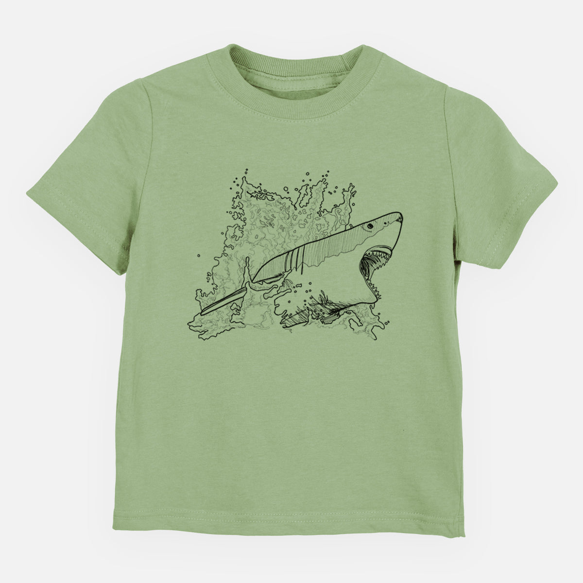 Sage green toddler t-shirt laid flat, printed with a black ink illustration of a great white shark breaking through a splash of water.