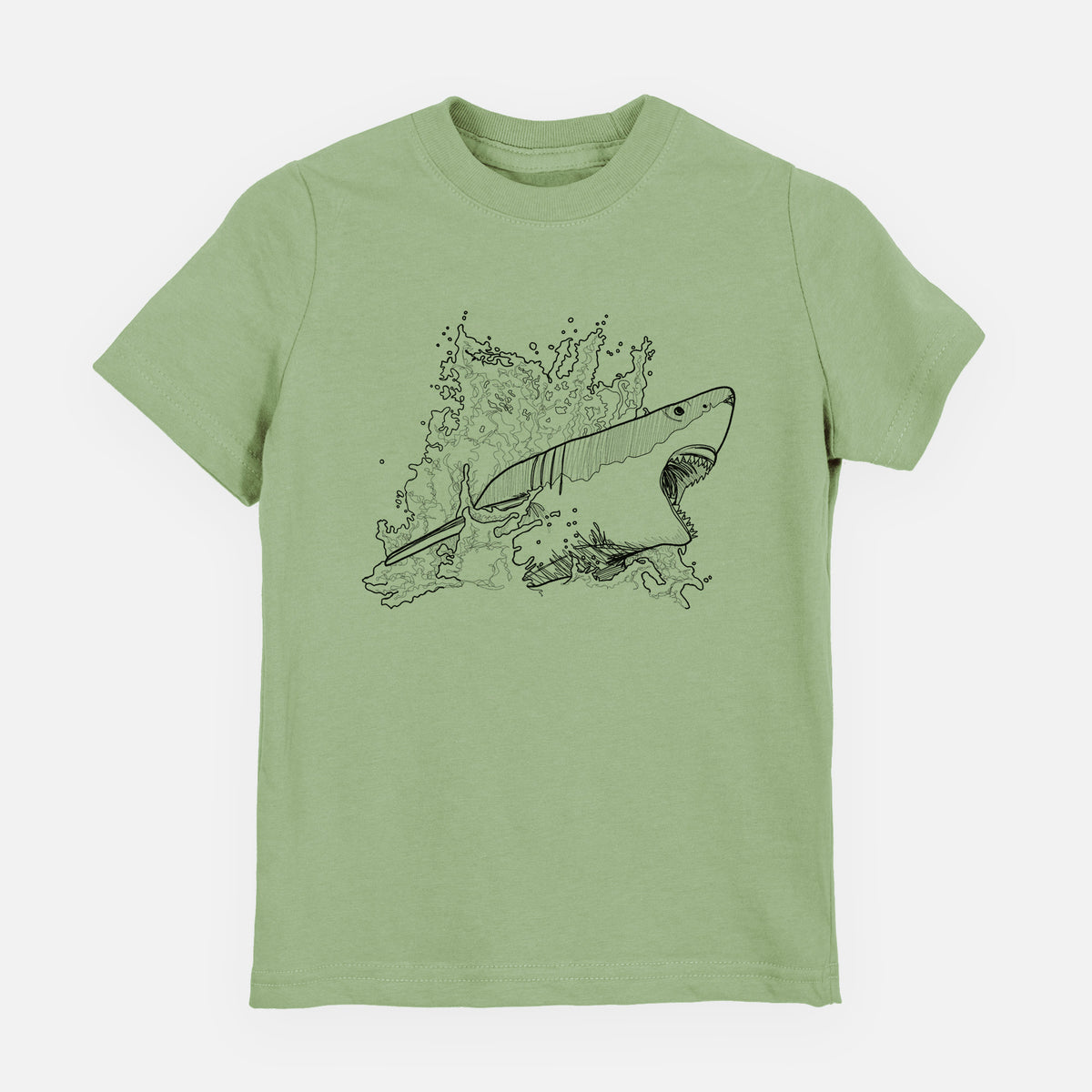 Sage green youth t-shirt laid flat, printed with a black ink illustration of a great white shark breaking through a splash of water.