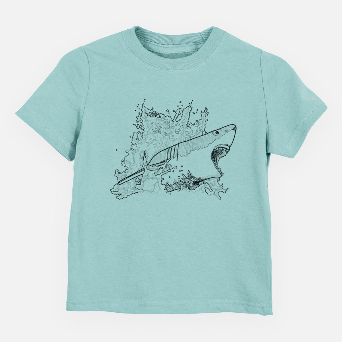 Saltwater toddler t-shirt laid flat, printed with a black ink illustration of a great white shark breaking through a splash of water.