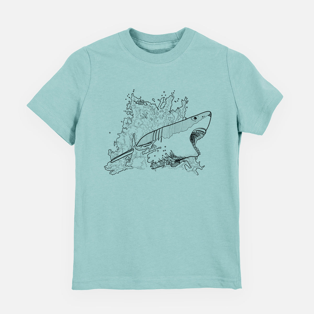 Saltwater youth t-shirt laid flat, printed with a black ink illustration of a great white shark breaking through a splash of water.