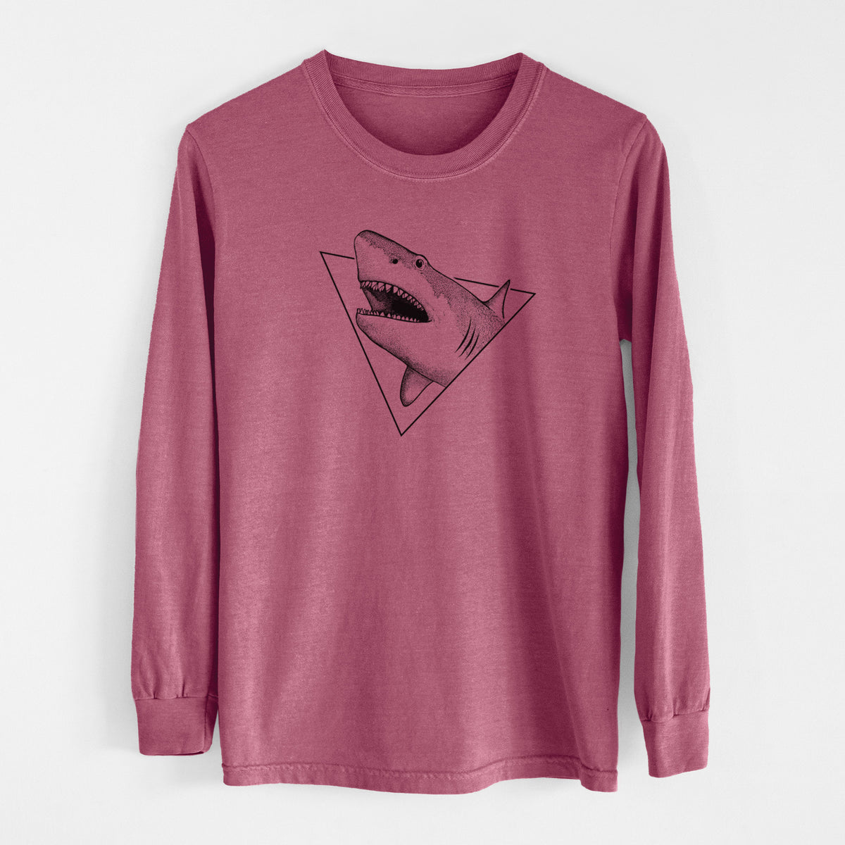 Crimson Comfort Colors long sleeve shirt laid flat, printed with a black ink great white shark bursting out of a triangle outline with its mouth open.