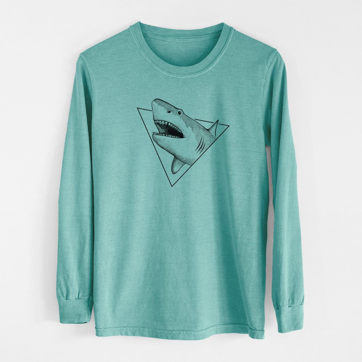 Reef green Comfort Colors long sleeve shirt laid flat, printed with a black ink great white shark bursting out of a triangle outline with its mouth open.