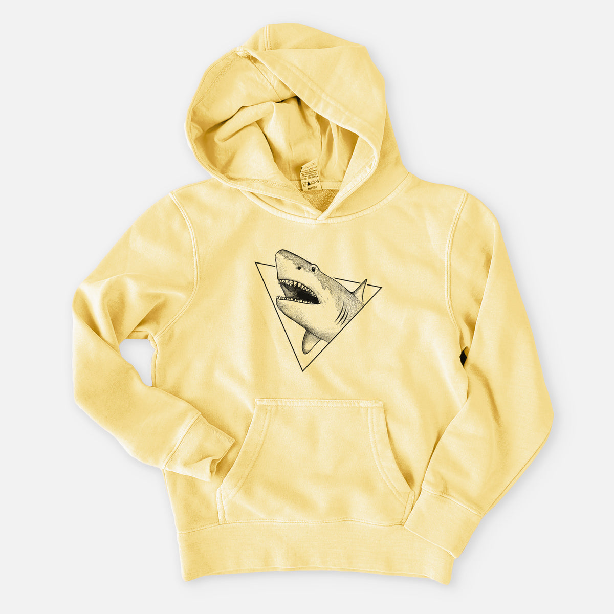 Pigment yellow youth pigment dyed hoodie laid flat, printed with a black ink great white shark bursting out of a triangle outline with its mouth open.