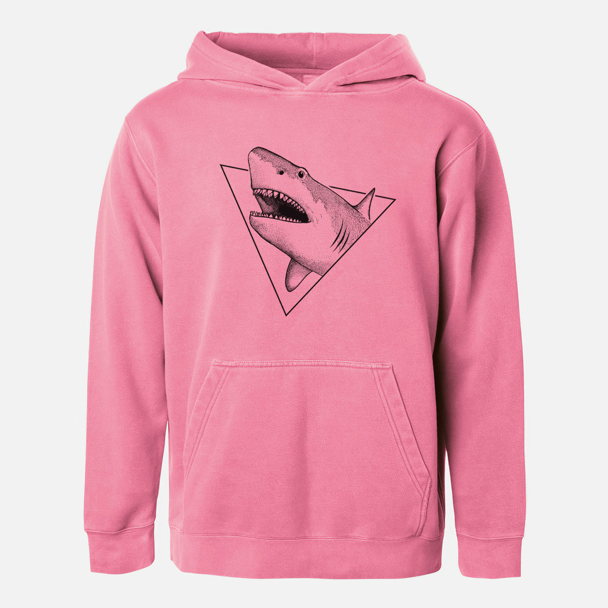 Pigment pink youth pigment dyed hoodie laid flat, printed with a black ink great white shark bursting out of a triangle outline with its mouth open.