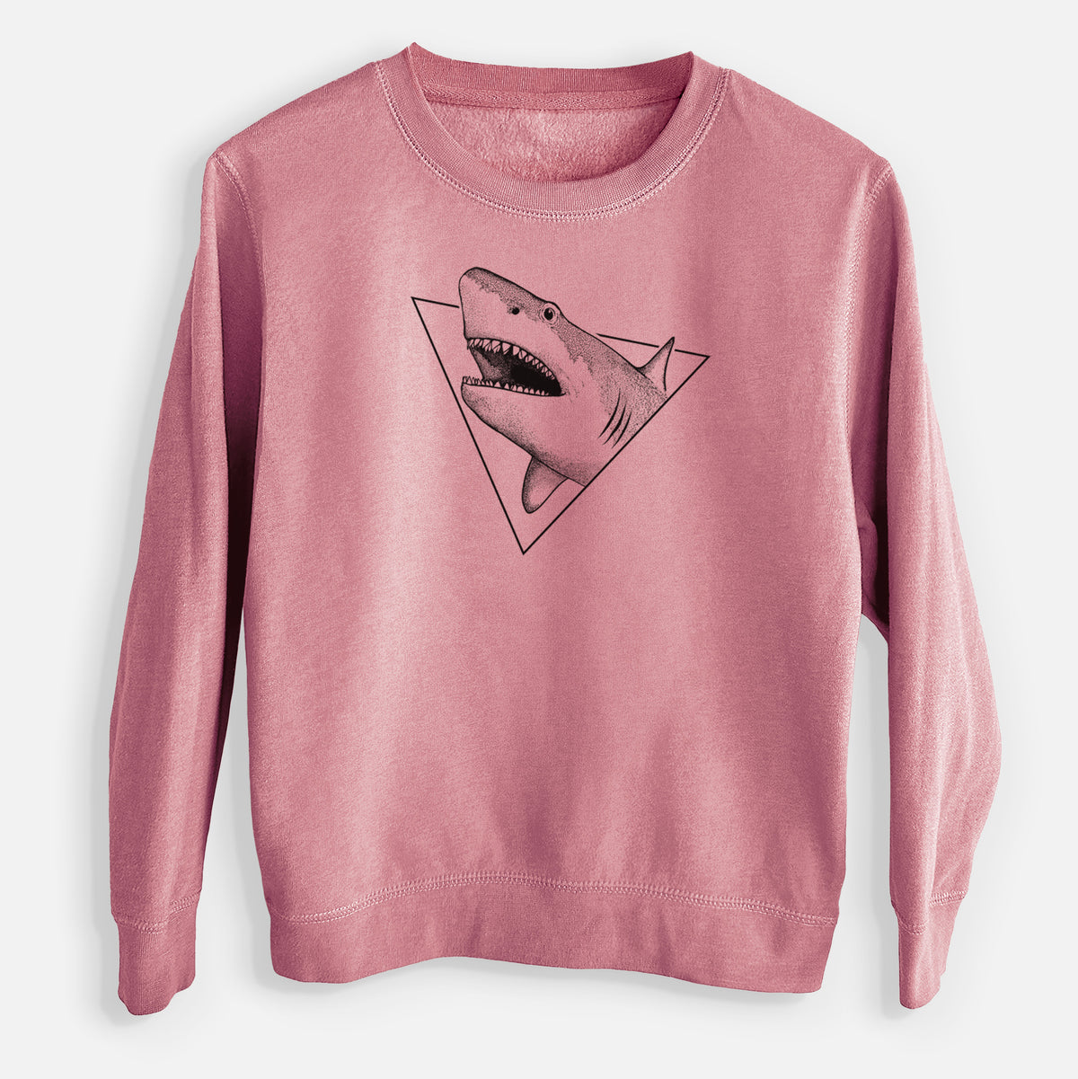 Mauve pink youth crewneck sweatshirt laid flat, printed with a black ink great white shark bursting out of a triangle outline with its mouth open.