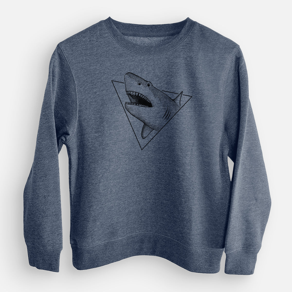 Storm blue youth crewneck sweatshirt laid flat, printed with a black ink great white shark bursting out of a triangle outline with its mouth open.