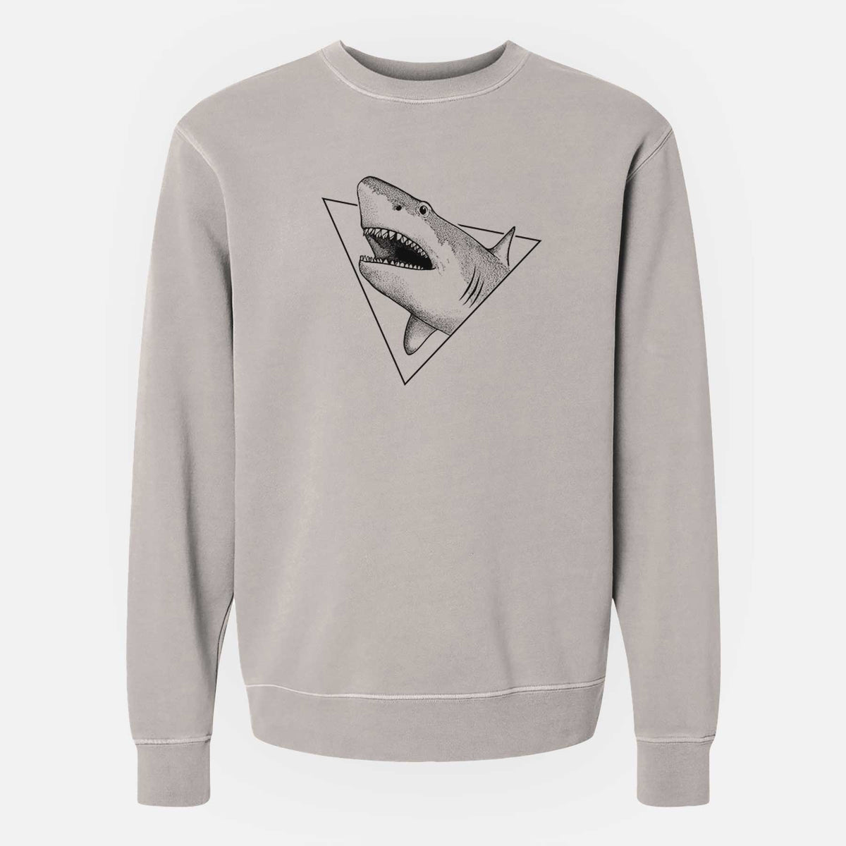 Cement grey pigment dyed crewneck sweatshirt laid flat, printed with a black ink great white shark bursting out of a triangle outline with its mouth open.