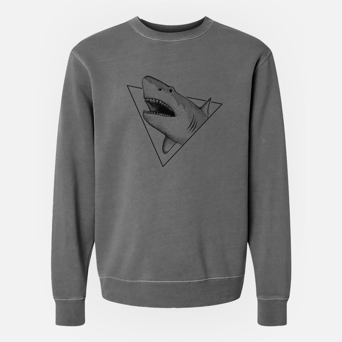 Faded black pigment dyed crewneck sweatshirt laid flat, printed with a black ink great white shark bursting out of a triangle outline with its mouth open.