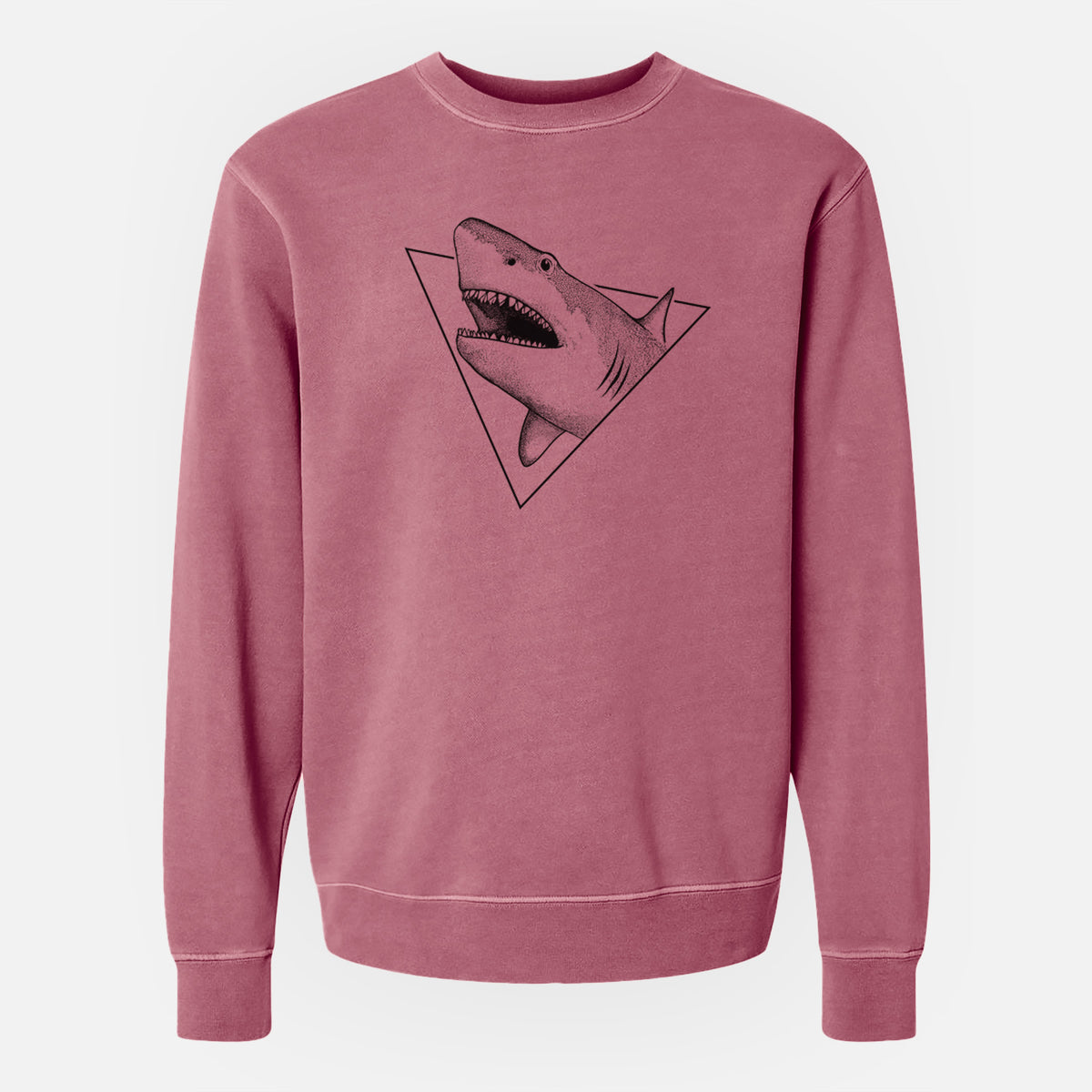 Maroon pigment dyed crewneck sweatshirt laid flat, printed with a black ink great white shark bursting out of a triangle outline with its mouth open.